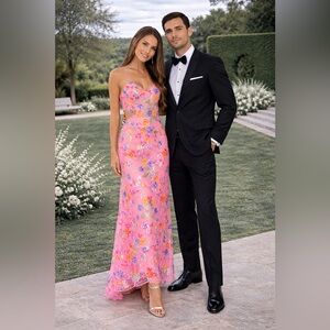 Mac Duggal Floral Chiffon Cutout Ballgown Pink Floral Sequin 68067 Size 6 NEW